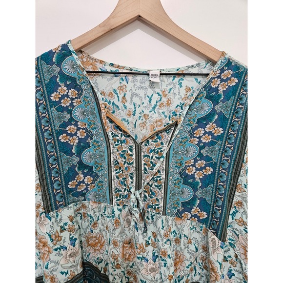 Brown Coco Womens 3XL Teal Floral Boho Babydoll Blouse V-Neck Tie Rayon Top - Picture 4 of 5